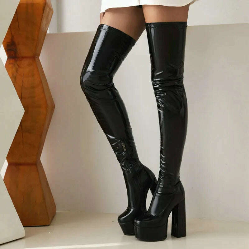KIMLUD, 2022 Women Over the Knee Boots Platform Square High Heel Ladies Long Boots PU Leather Round Toe Zipper Party Women's Shoes Black, black Glossy / 5, KIMLUD Women's Clothes
