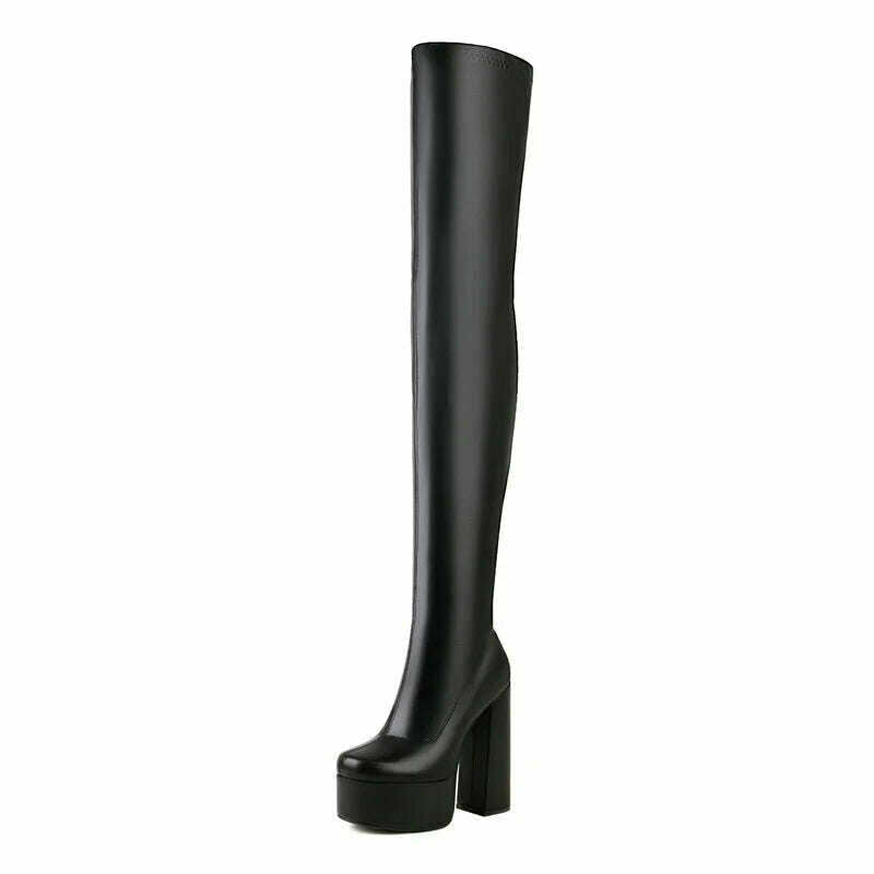 KIMLUD, 2022 Women Over the Knee Boots Platform Square High Heel Ladies Long Boots PU Leather Round Toe Zipper Party Women's Shoes Black, KIMLUD Women's Clothes