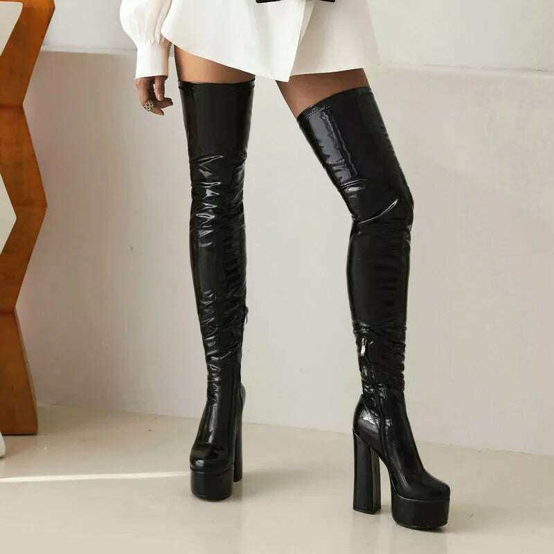 KIMLUD, 2022 Women Over the Knee Boots Platform Square High Heel Ladies Long Boots PU Leather Round Toe Zipper Party Women's Shoes Black, KIMLUD Women's Clothes