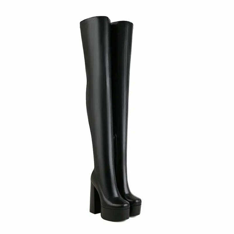 KIMLUD, 2022 Women Over the Knee Boots Platform Square High Heel Ladies Long Boots PU Leather Round Toe Zipper Party Women's Shoes Black, KIMLUD Womens Clothes