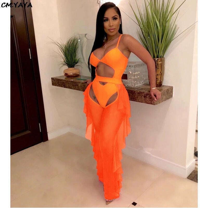 KIMLUD, 2022 Women Sexy Cut Out Bodysuit & Open Crotch Mesh Pants Suit Two Piece Set Beach Club Party Night Tracksuit 6color Outfit, Orange / L, KIMLUD Womens Clothes