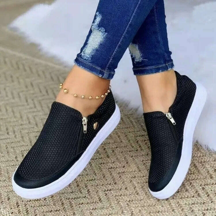 KIMLUD, 2022 Women Summer Breathable Mesh Shoes Double Zipper Slip On Flats Casual White Sneakers Lazy Shoes Walking Footwear Moccasins, black / 35, KIMLUD Womens Clothes
