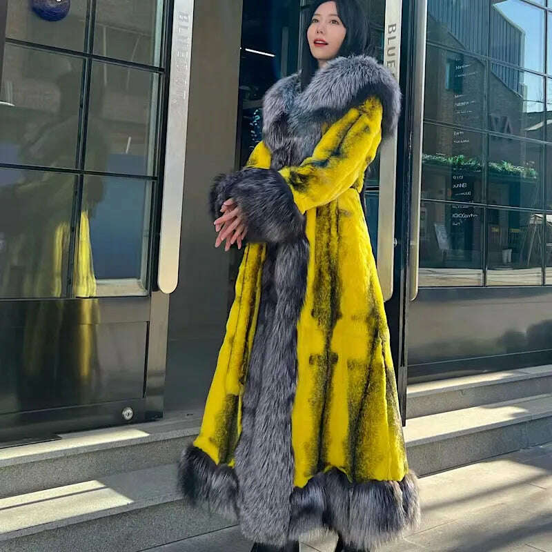 KIMLUD, 2022Women Real Rex Rabbit Fur Coats With Fox Lapel Collar Natural Whole Skin Genuine Rex Rabbit Fur Long Jackets Overcoat Luxury, KIMLUD Women's Clothes