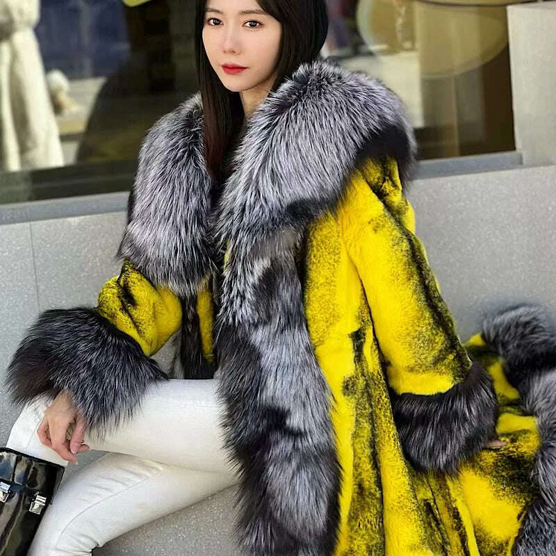 KIMLUD, 2022Women Real Rex Rabbit Fur Coats With Fox Lapel Collar Natural Whole Skin Genuine Rex Rabbit Fur Long Jackets Overcoat Luxury, KIMLUD Womens Clothes