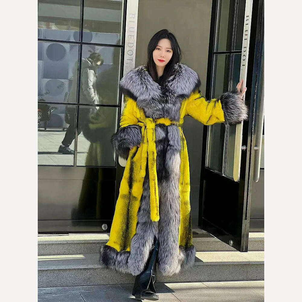 KIMLUD, 2022Women Real Rex Rabbit Fur Coats With Fox Lapel Collar Natural Whole Skin Genuine Rex Rabbit Fur Long Jackets Overcoat Luxury, KIMLUD Womens Clothes