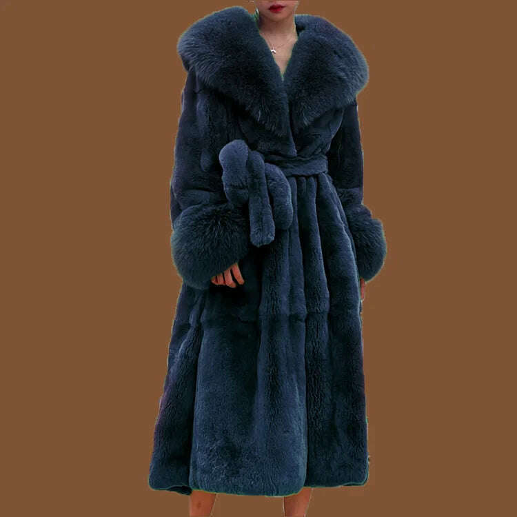 2023 Autumn and Winter Big Fur Collar Fashion Fur Coat Women's Mid-Length Thickened European and American Loose Temperament Coat, Navy / S, KIMLUD Women's Clothes