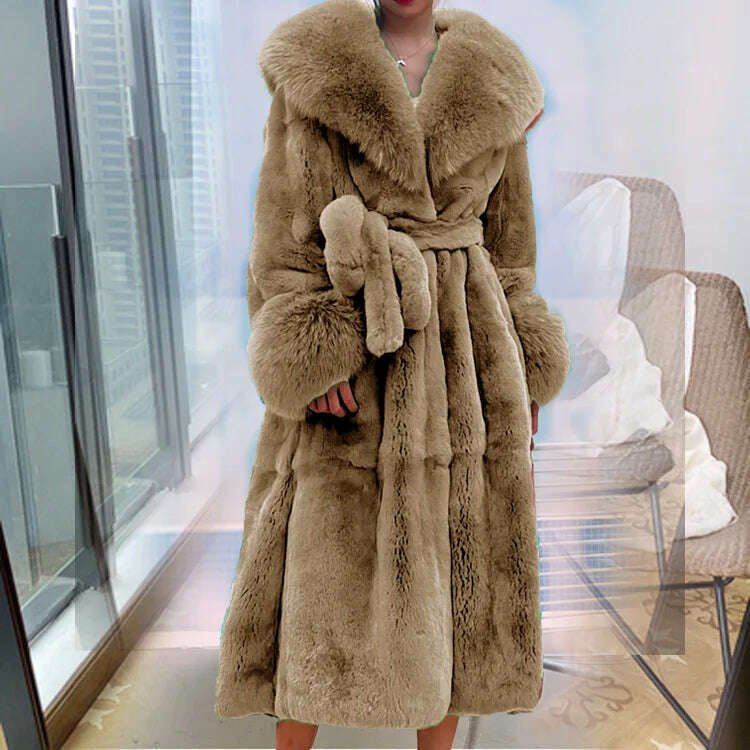 2023 Autumn and Winter Big Fur Collar Fashion Fur Coat Women's Mid-Length Thickened European and American Loose Temperament Coat, Khaki / S, KIMLUD Women's Clothes