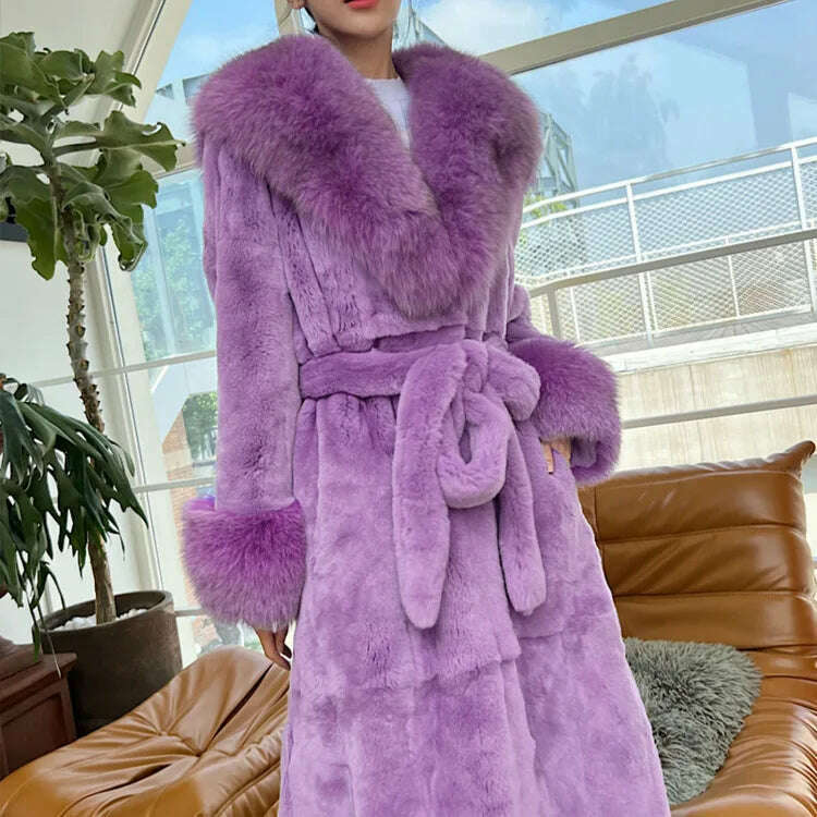 2023 Autumn and Winter Big Fur Collar Fashion Fur Coat Women's Mid-Length Thickened European and American Loose Temperament Coat, Taro purple / S, KIMLUD Women's Clothes