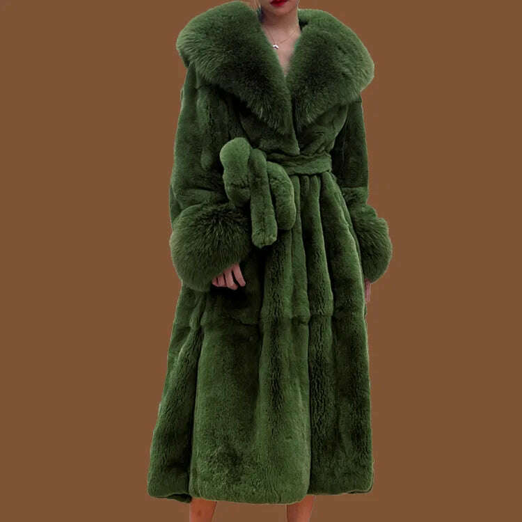 2023 Autumn and Winter Big Fur Collar Fashion Fur Coat Women's Mid-Length Thickened European and American Loose Temperament Coat, army green / S, KIMLUD Women's Clothes