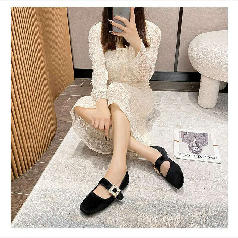 KIMLUD, 2023 Autumn and Winter New Fashion Square Head Rhinestone Square Buckle Flat Bottom Mary Jane Women's Shoes, KIMLUD Womens Clothes