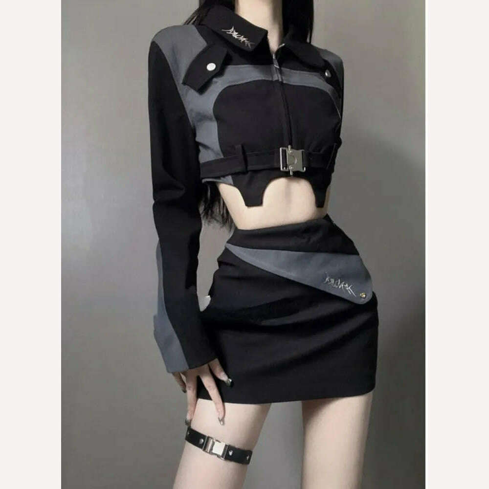 KIMLUD, 2023 Autumn Black 2 Piece Dress Set Women Casual Y2k Crop Tops + Mini Skrits Korean Fashion Suits Bodycon Elegant Chic Blouse, KIMLUD Womens Clothes