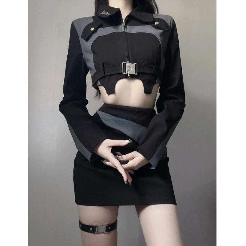 2023 Autumn Black 2 Piece Dress Set Women Casual Y2k Crop Tops + Mini Skrits Korean Fashion Suits Bodycon Elegant Chic Blouse, 2 Piece Set / S, KIMLUD Women's Clothes