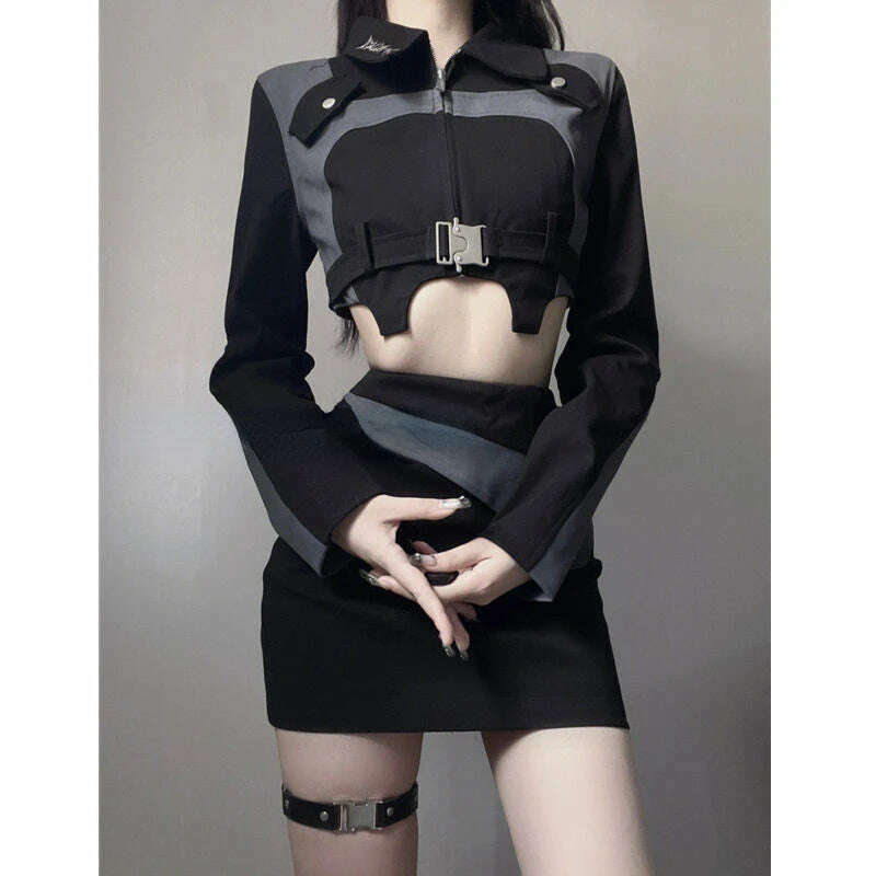 KIMLUD, 2023 Autumn Black 2 Piece Dress Set Women Casual Y2k Crop Tops + Mini Skrits Korean Fashion Suits Bodycon Elegant Chic Blouse, 2 Piece Set / S, KIMLUD Womens Clothes