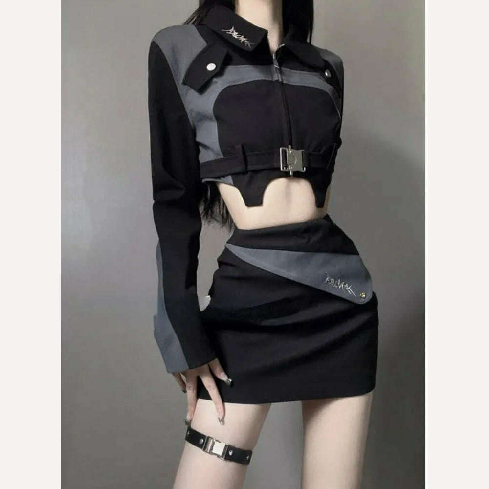 2023 Autumn Black 2 Piece Dress Set Women Casual Y2k Crop Tops + Mini Skrits Korean Fashion Suits Bodycon Elegant Chic Blouse, KIMLUD Women's Clothes