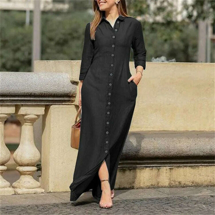 KIMLUD, 2023 Autumn Elegant Women's Denim Dress Long Sleeve Buttons Shirt Long Dress Female Fashion New Elegant Casual Ladies Clothes, black grey / 4XL, KIMLUD Womens Clothes