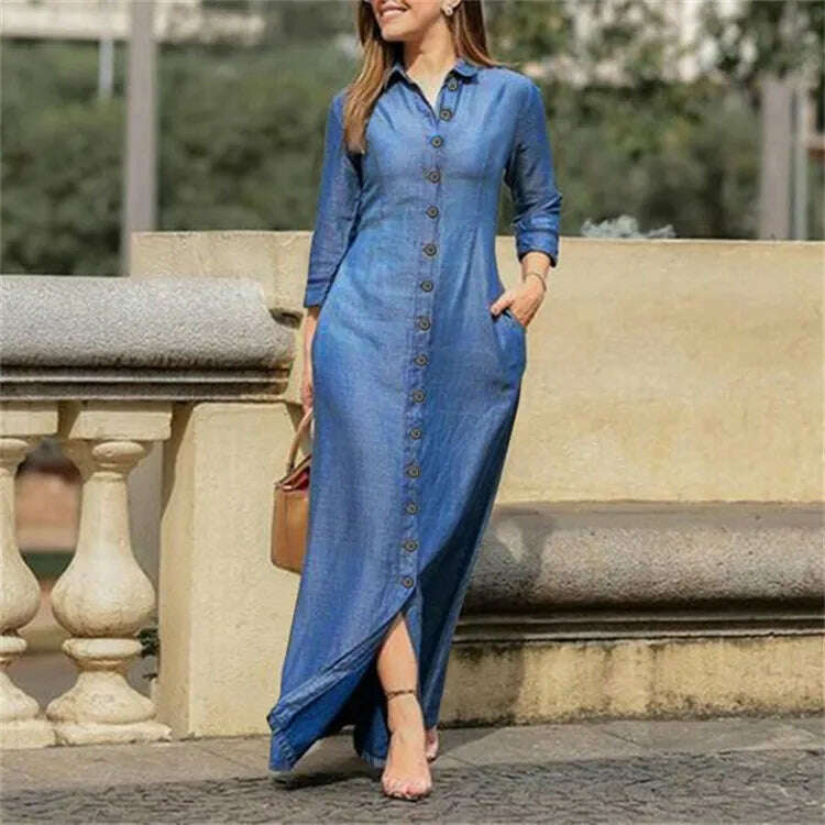 KIMLUD, 2023 Autumn Elegant Women's Denim Dress Long Sleeve Buttons Shirt Long Dress Female Fashion New Elegant Casual Ladies Clothes, light blue / S, KIMLUD Women's Clothes