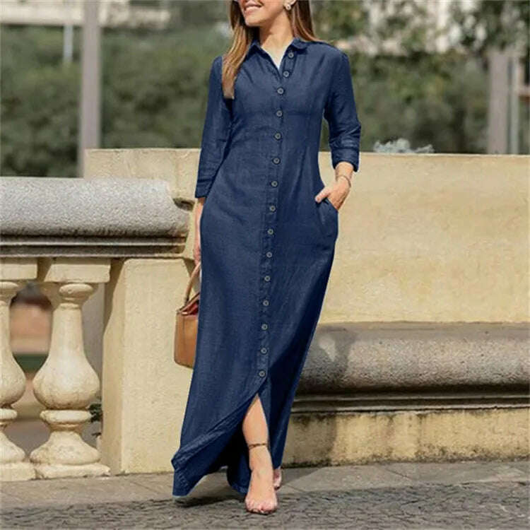 KIMLUD, 2023 Autumn Elegant Women's Denim Dress Long Sleeve Buttons Shirt Long Dress Female Fashion New Elegant Casual Ladies Clothes, Navy blue / S, KIMLUD Women's Clothes