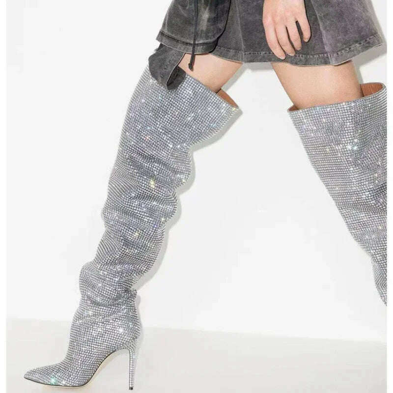 2023 Autumn New Fashion Bling Silver Crystal Over The Knee Boots for Women Sexy Luxury Designer Rhinestone Banquet Shoes 42 43, KIMLUD Women's Clothes