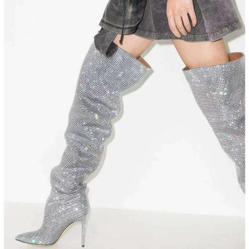KIMLUD, 2023 Autumn New Fashion Bling Silver Crystal Over The Knee Boots for Women Sexy Luxury Designer Rhinestone Banquet Shoes 42 43, KIMLUD Womens Clothes