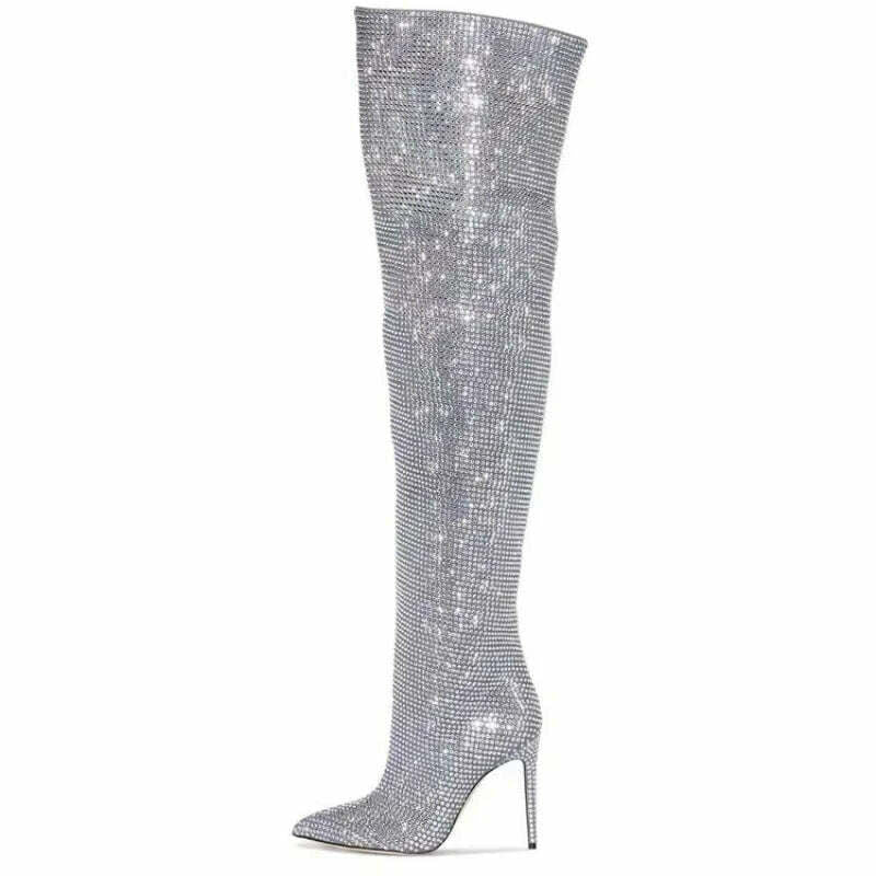 2023 Autumn New Fashion Bling Silver Crystal Over The Knee Boots for Women Sexy Luxury Designer Rhinestone Banquet Shoes 42 43, KIMLUD Women's Clothes