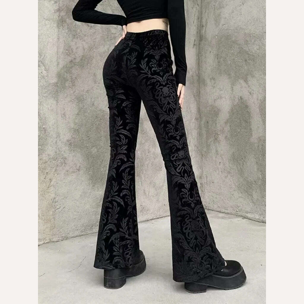 KIMLUD, 2023 Autumn Retro Gothic Print Black Pants Women Goth Harajuku High Waist Flared Pants Gothic Aesthetic Punk High Waist Trousers, KIMLUD Womens Clothes