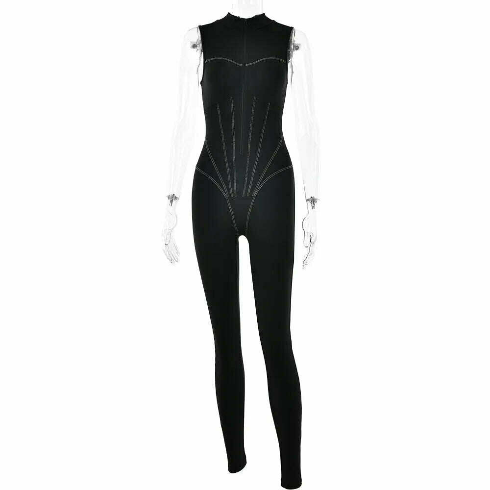 KIMLUD, 2023 Autumn Sexy Elegant Women Zip-up O-neck Long Sleeve Jumpsuit Streetwear Summer Overalls One Piece Fitness Sports Bodysuits, KIMLUD Womens Clothes