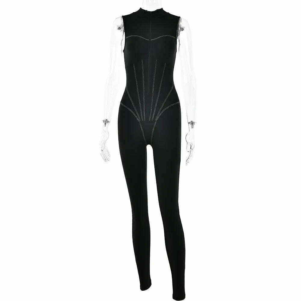 2023 Autumn Sexy Elegant Women Zip-up O-neck Long Sleeve Jumpsuit Streetwear Summer Overalls One Piece Fitness Sports Bodysuits - KIMLUD