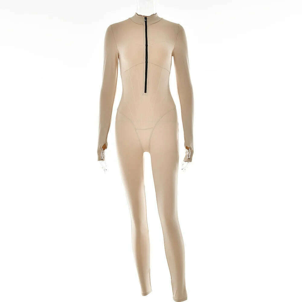 2023 Autumn Sexy Elegant Women Zip-up O-neck Long Sleeve Jumpsuit Streetwear Summer Overalls One Piece Fitness Sports Bodysuits - KIMLUD