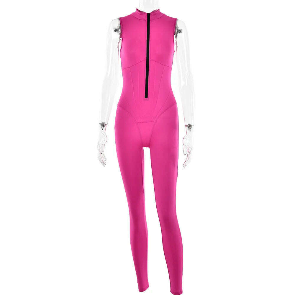 2023 Autumn Sexy Elegant Women Zip-up O-neck Long Sleeve Jumpsuit Streetwear Summer Overalls One Piece Fitness Sports Bodysuits - KIMLUD