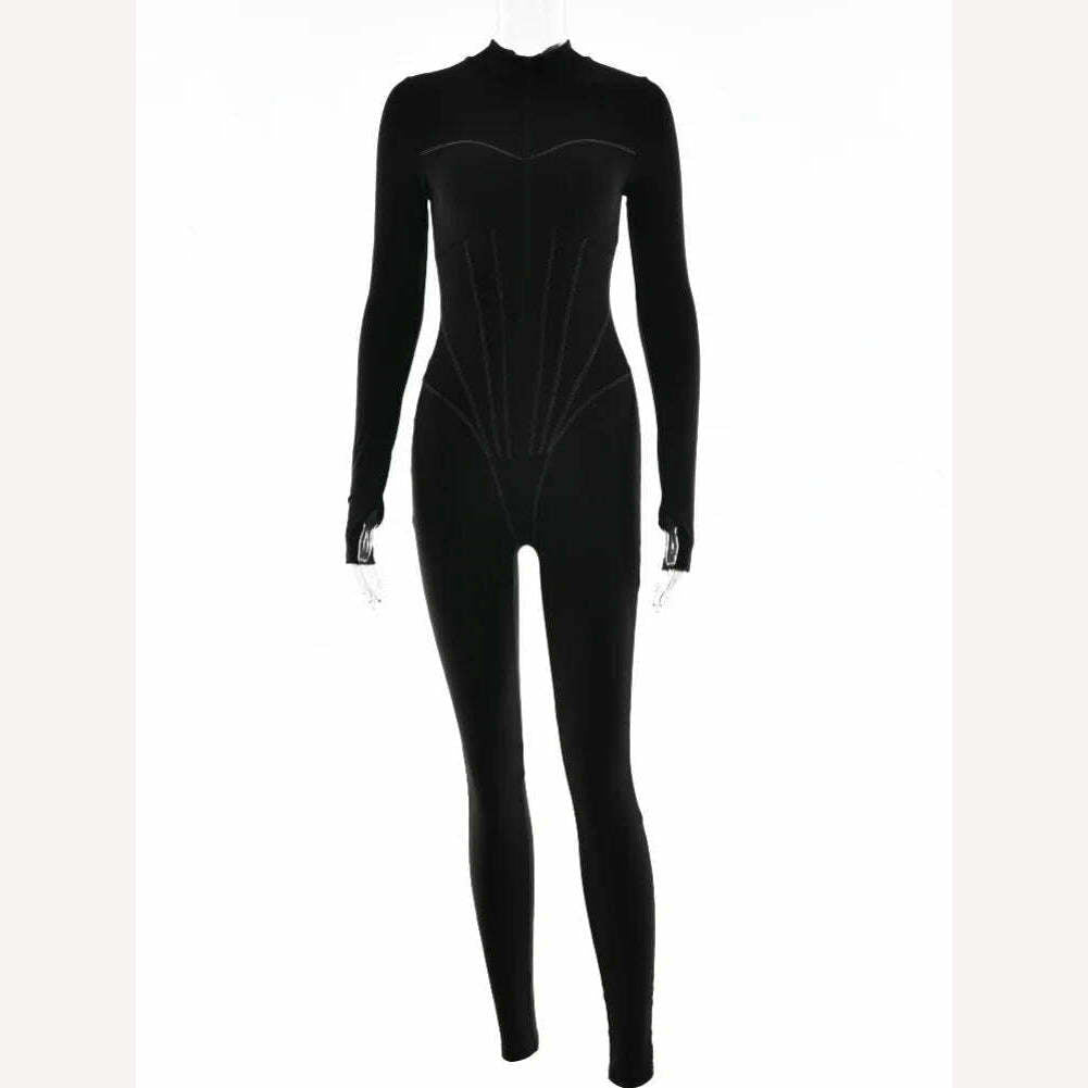 2023 Autumn Sexy Elegant Women Zip-up O-neck Long Sleeve Jumpsuit Streetwear Summer Overalls One Piece Fitness Sports Bodysuits - KIMLUD