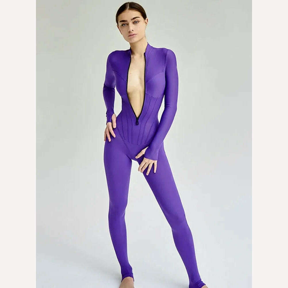 2023 Autumn Sexy Elegant Women Zip-up O-neck Long Sleeve Jumpsuit Streetwear Summer Overalls One Piece Fitness Sports Bodysuits - KIMLUD