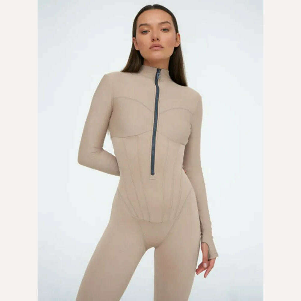 2023 Autumn Sexy Elegant Women Zip-up O-neck Long Sleeve Jumpsuit Streetwear Summer Overalls One Piece Fitness Sports Bodysuits - KIMLUD
