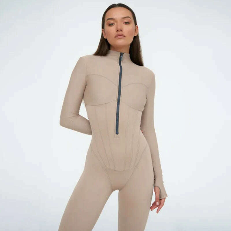 KIMLUD, 2023 Autumn Sexy Elegant Women Zip-up O-neck Long Sleeve Jumpsuit Streetwear Summer Overalls One Piece Fitness Sports Bodysuits, KIMLUD Womens Clothes