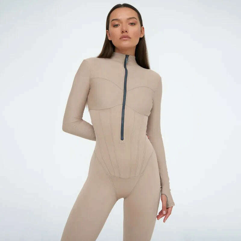 2023 Autumn Sexy Elegant Women Zip-up O-neck Long Sleeve Jumpsuit Streetwear Summer Overalls One Piece Fitness Sports Bodysuits - KIMLUD