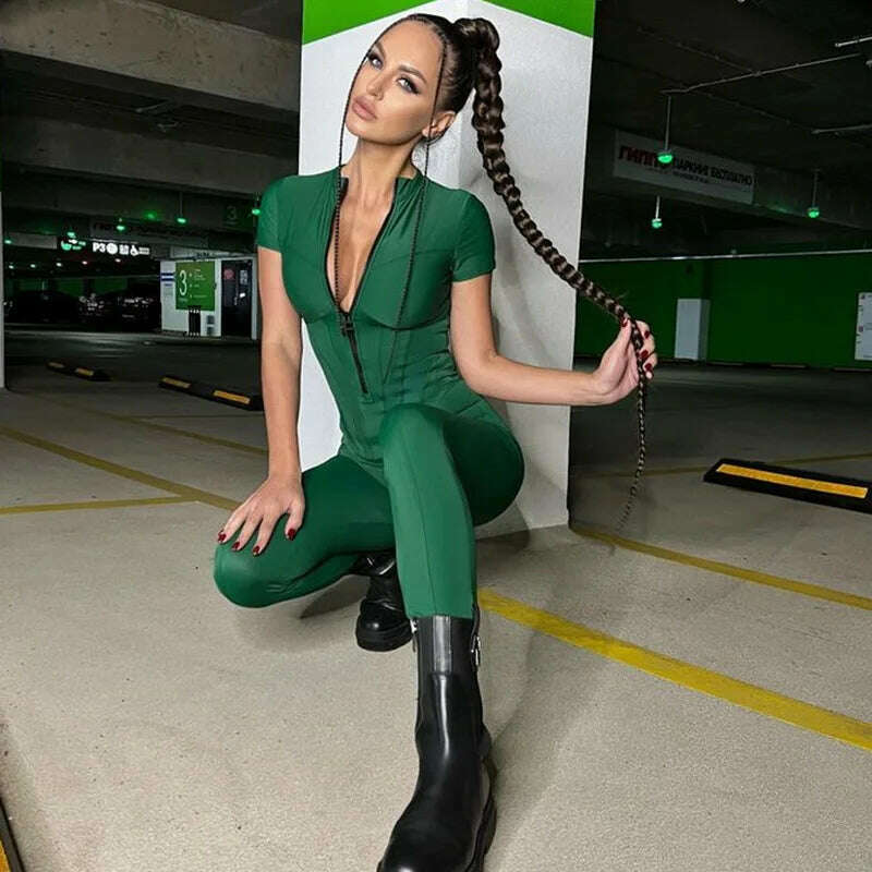 2023 Autumn Sexy Elegant Women Zip-up O-neck Long Sleeve Jumpsuit Streetwear Summer Overalls One Piece Fitness Sports Bodysuits - KIMLUD