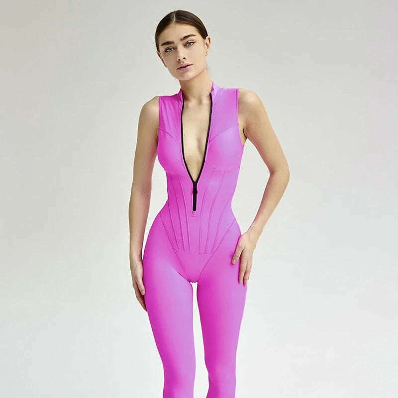 2023 Autumn Sexy Elegant Women Zip-up O-neck Long Sleeve Jumpsuit Streetwear Summer Overalls One Piece Fitness Sports Bodysuits - KIMLUD