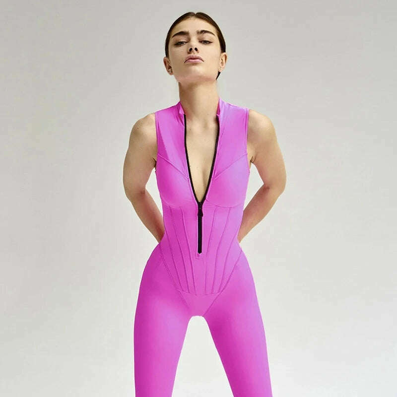 2023 Autumn Sexy Elegant Women Zip-up O-neck Long Sleeve Jumpsuit Streetwear Summer Overalls One Piece Fitness Sports Bodysuits - KIMLUD