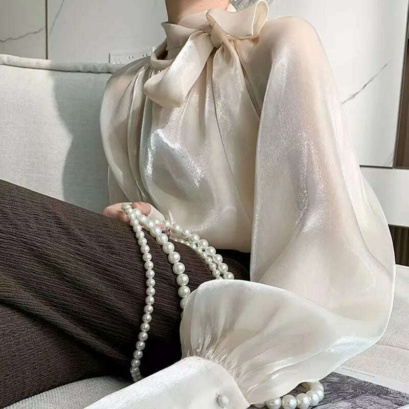 KIMLUD, 2023 Autumn Vintage Satin Silk Shirt Women Fashion Blouse Elegant Turn Down Collar Female Blouse White Long Sleeve Shirts Tops, KIMLUD Women's Clothes