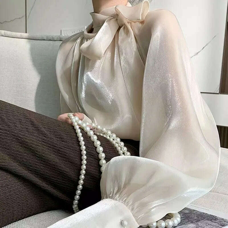 2023 Autumn Vintage Satin Silk Shirt Women Fashion Blouse Elegant Turn Down Collar Female Blouse White Long Sleeve Shirts Tops - KIMLUD