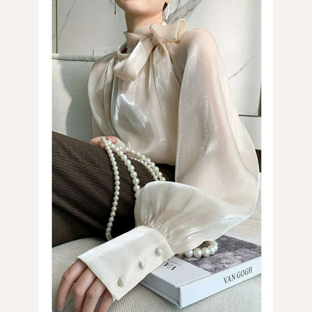 KIMLUD, 2023 Autumn Vintage Satin Silk Shirt Women Fashion Blouse Elegant Turn Down Collar Female Blouse White Long Sleeve Shirts Tops, beige  CS18 / S, KIMLUD Women's Clothes