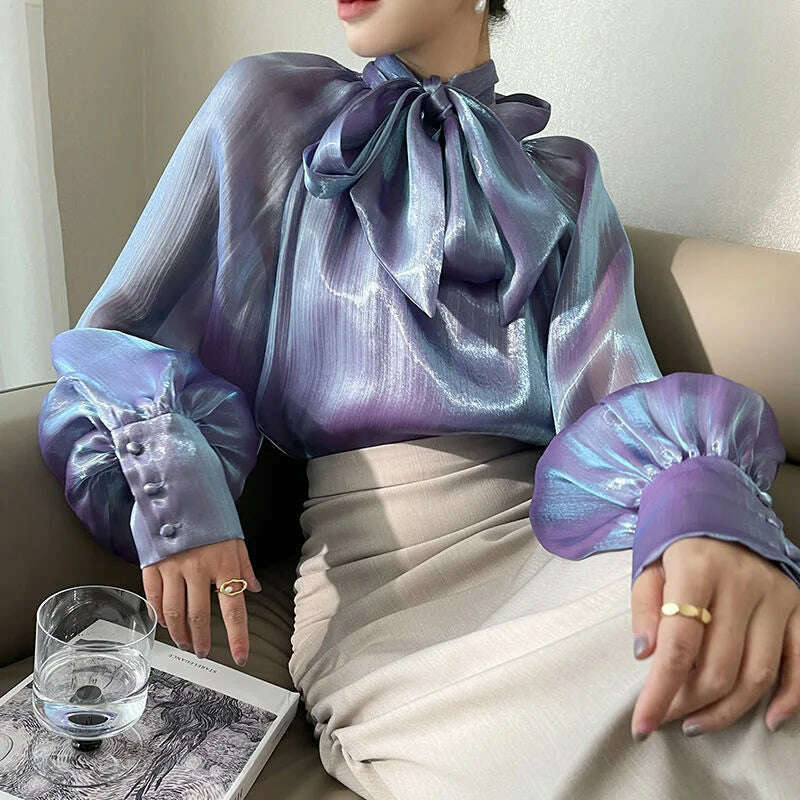 KIMLUD, 2023 Autumn Vintage Satin Silk Shirt Women Fashion Blouse Elegant Turn Down Collar Female Blouse White Long Sleeve Shirts Tops, purple  CS18 / S, KIMLUD Women's Clothes