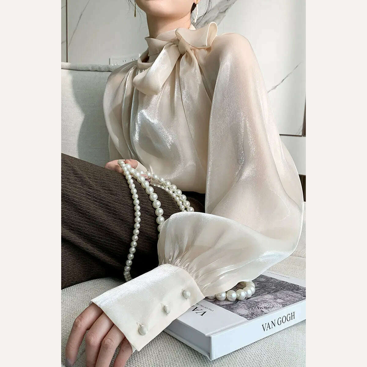 KIMLUD, 2023 Autumn Vintage Satin Silk Shirt Women Fashion Blouse Elegant Turn Down Collar Female Blouse White Long Sleeve Shirts Tops, KIMLUD Women's Clothes