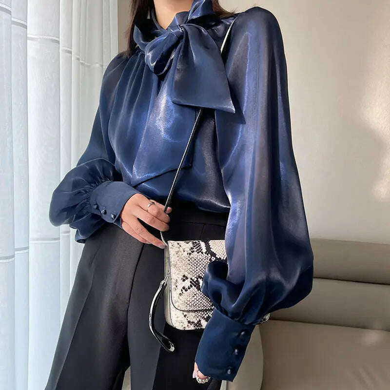 KIMLUD, 2023 Autumn Vintage Satin Silk Shirt Women Fashion Blouse Elegant Turn Down Collar Female Blouse White Long Sleeve Shirts Tops, KIMLUD Womens Clothes