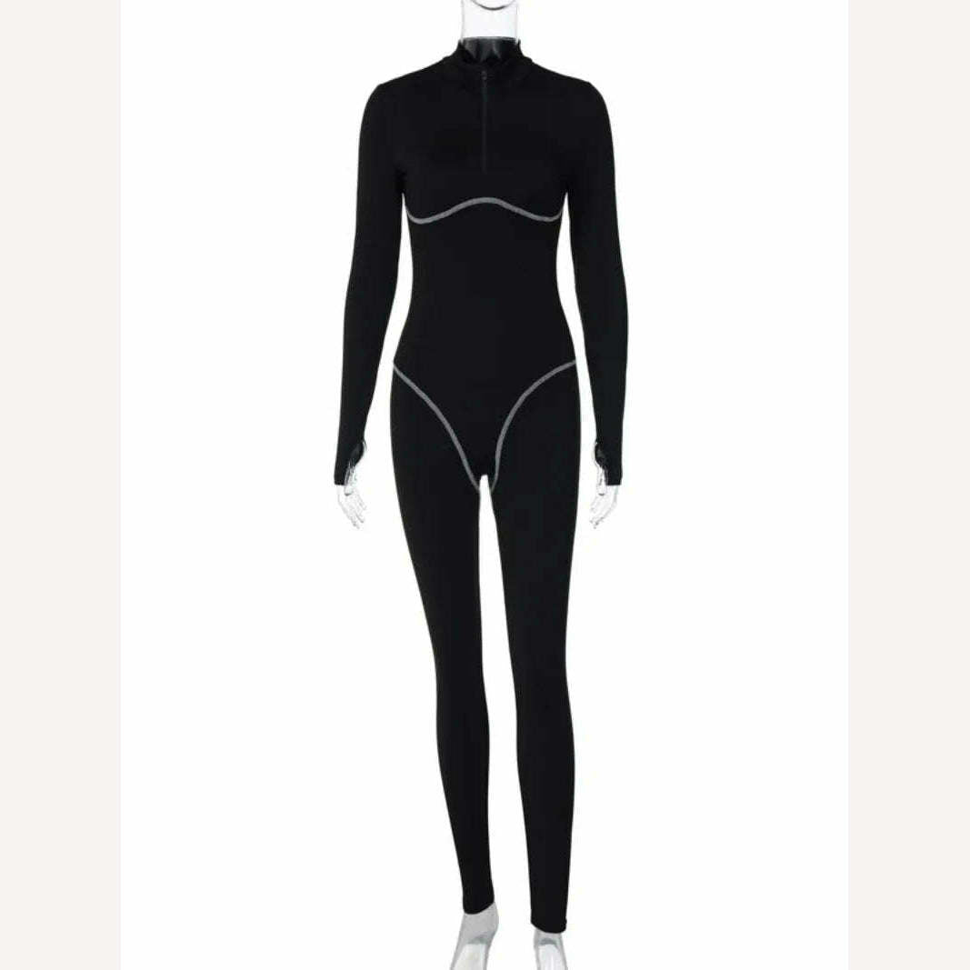 KIMLUD, 2023 Autumn Winter Elegant Turtleneck Long Sleeve Jumpsuit Women Fitness Sports Striped Overall Zip-up Black Bodysuit Streetwear, black / S, KIMLUD Women's Clothes