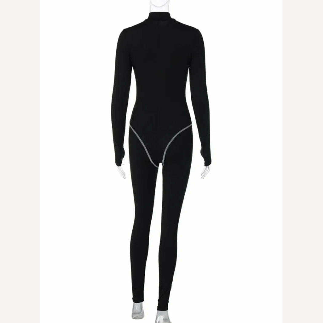 KIMLUD, 2023 Autumn Winter Elegant Turtleneck Long Sleeve Jumpsuit Women Fitness Sports Striped Overall Zip-up Black Bodysuit Streetwear, KIMLUD Women's Clothes