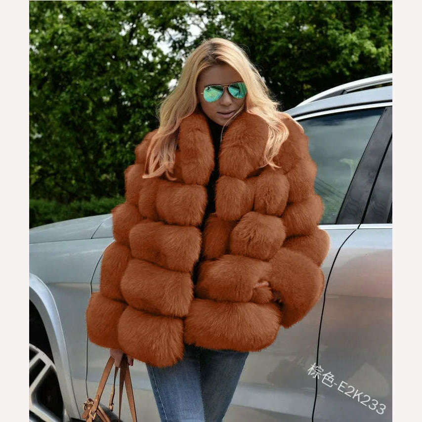KIMLUD, 2023 Autumn Winter Fur Fox Coat Women Fluffy Jacket Soft Warm Stand Collar Fur Wholesale Autumn Winter New Fur Elegant Luxury, Brown / XXXXL, KIMLUD Women's Clothes
