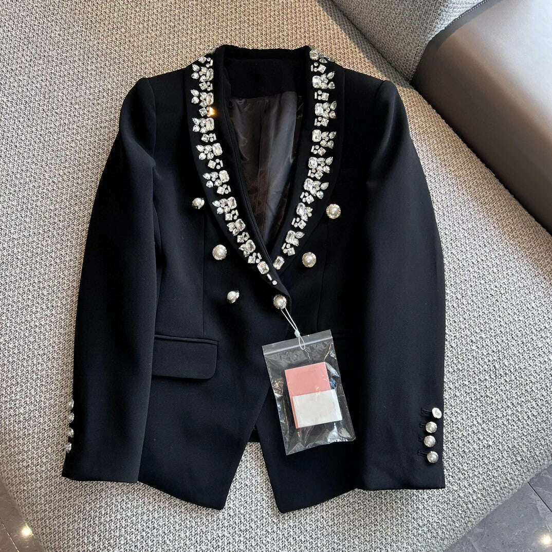 2023 Autumn Winter Luxury New Women High Quality Diamonds Double Breasted Blazer Coat for Lady Ddxgz2v 11.04 - KIMLUD
