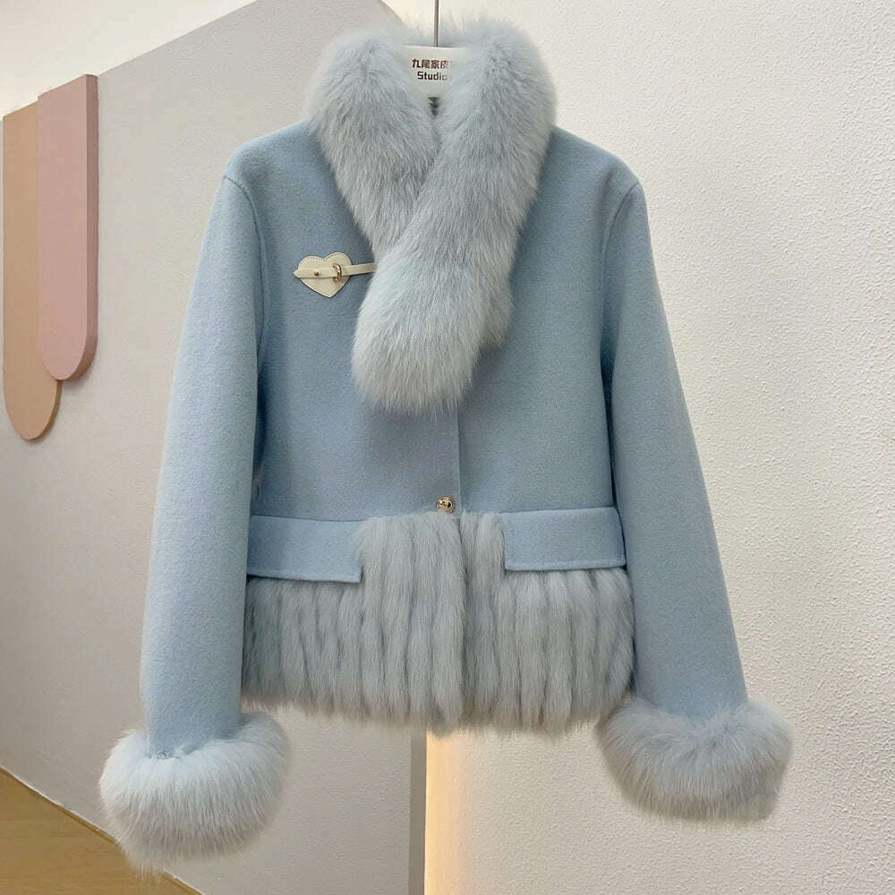 KIMLUD, 2023 Autumn Winter Natural Fox Fur Collar Women Cashmere Wool Woolen Ladies Outerwear Female Coat Real Fur Jacket, Sky blue / One Size, KIMLUD Womens Clothes