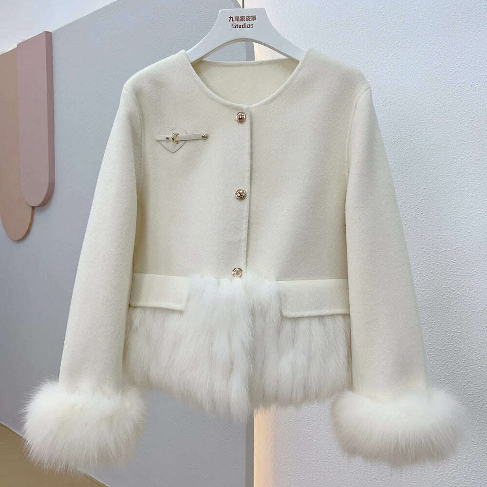 KIMLUD, 2023 Autumn Winter Natural Fox Fur Collar Women Cashmere Wool Woolen Ladies Outerwear Female Coat Real Fur Jacket, KIMLUD Womens Clothes