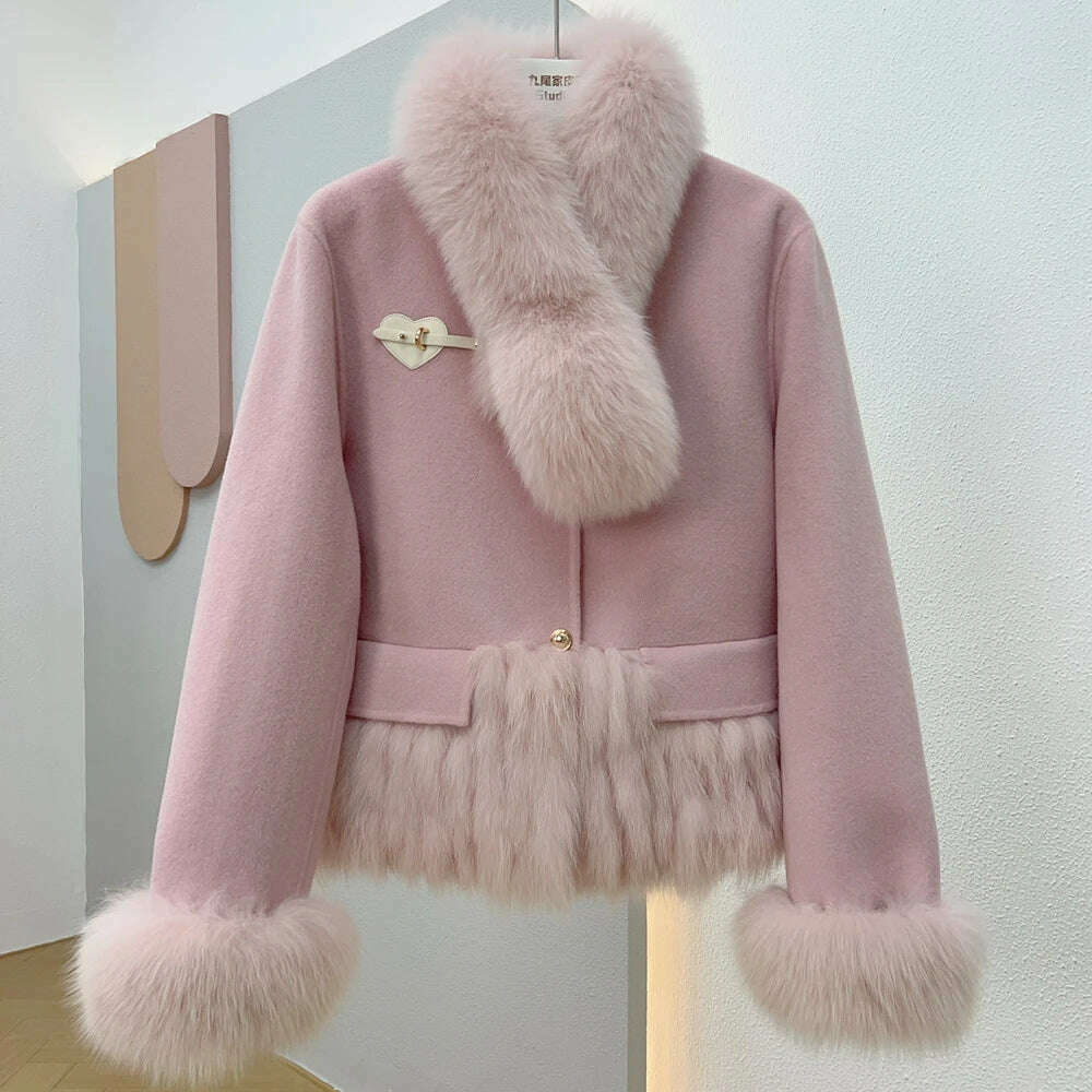 KIMLUD, 2023 Autumn Winter Natural Fox Fur Collar Women Cashmere Wool Woolen Ladies Outerwear Female Coat Real Fur Jacket, Pink / One Size, KIMLUD Womens Clothes